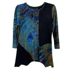 Calessa Women's Top Size PS Multicolor Patchwork Asymetric Hem Blue Black